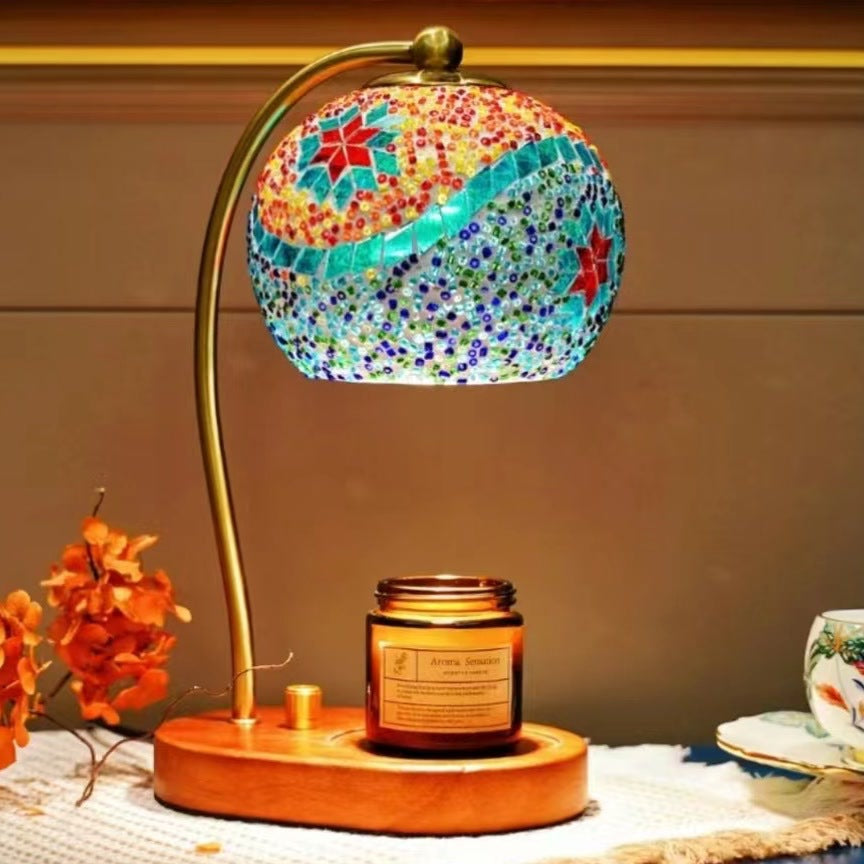 Zeitgenössische Boho Holz Glas Kuppel Handgefertigte Mosaik 1-Licht Schmelzende Wachs Tischlampe Für Schlafzimmer 