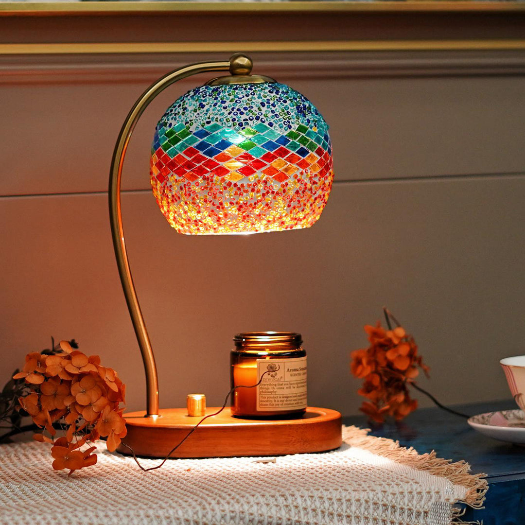 Zeitgenössische Boho Holz Glas Kuppel Handgefertigte Mosaik 1-Licht Schmelzende Wachs Tischlampe Für Schlafzimmer 