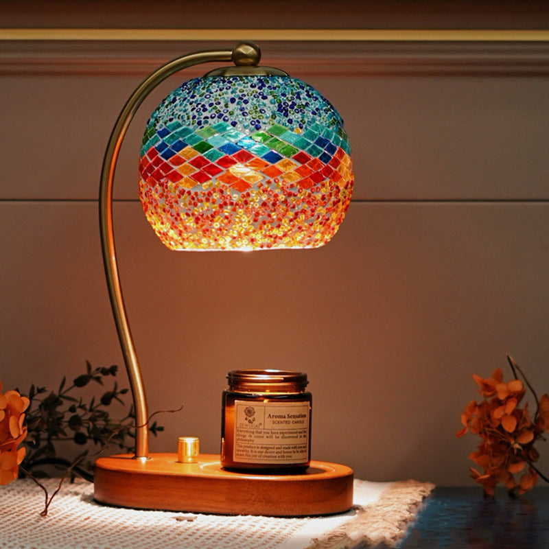 Zeitgenössische Boho Holz Glas Kuppel Handgefertigte Mosaik 1-Licht Schmelzende Wachs Tischlampe Für Schlafzimmer 