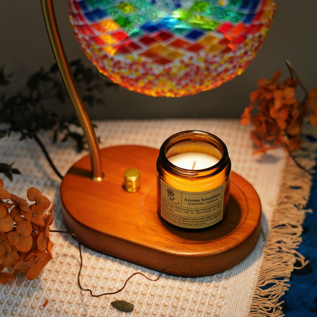 Zeitgenössische Boho Holz Glas Kuppel Handgefertigte Mosaik 1-Licht Schmelzende Wachs Tischlampe Für Schlafzimmer 