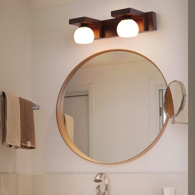 Applique murale contemporaine rétro en bois de caoutchouc, fer et verre rectangulaire 2/3 lumières pour salle de bain 