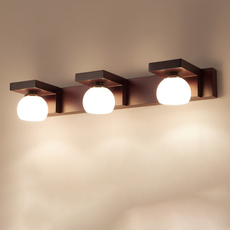 Applique murale contemporaine rétro en bois de caoutchouc, fer et verre rectangulaire 2/3 lumières pour salle de bain 