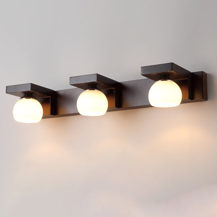 Applique murale contemporaine rétro en bois de caoutchouc, fer et verre rectangulaire 2/3 lumières pour salle de bain 