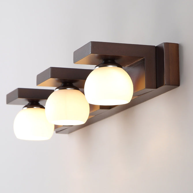 Applique murale contemporaine rétro en bois de caoutchouc, fer et verre rectangulaire 2/3 lumières pour salle de bain 