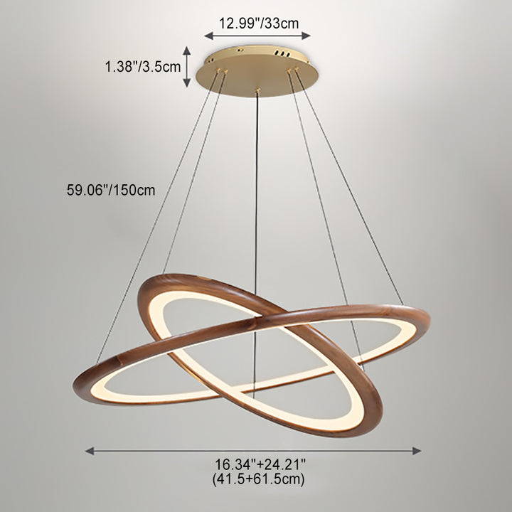 Zeitgenössische Retro-Walnuss-Acryl-Kreise Einstellbare LED-Kronleuchter für das Wohnzimmer 