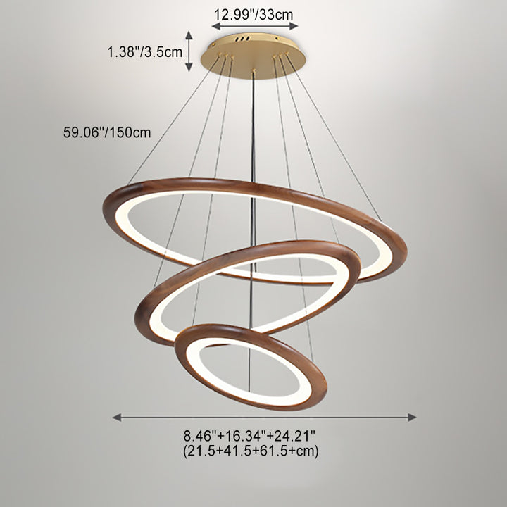Zeitgenössische Retro-Walnuss-Acryl-Kreise Einstellbare LED-Kronleuchter für das Wohnzimmer 