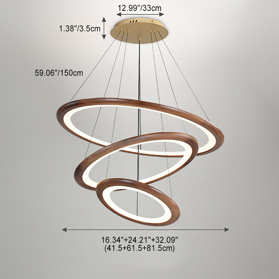 Zeitgenössische Retro-Walnuss-Acryl-Kreise Einstellbare LED-Kronleuchter für das Wohnzimmer 