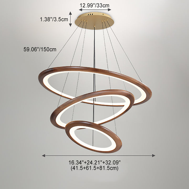 Zeitgenössische Retro-Walnuss-Acryl-Kreise Einstellbare LED-Kronleuchter für das Wohnzimmer 