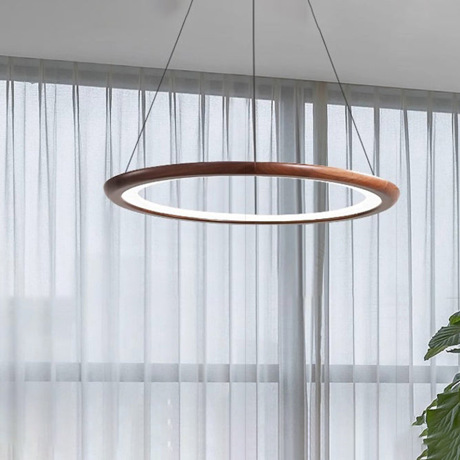 Zeitgenössische Retro-Walnuss-Acryl-Kreise Einstellbare LED-Kronleuchter für das Wohnzimmer 