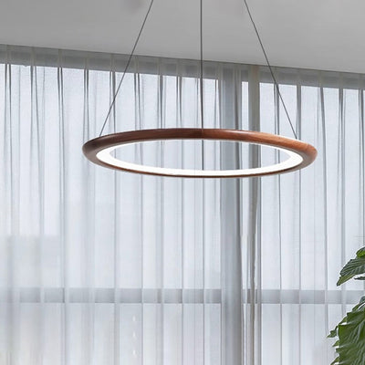 ثريات LED قابلة للتعديل من دوائر الأكريليك والجوز المعاصر للغرفة المعيشة 