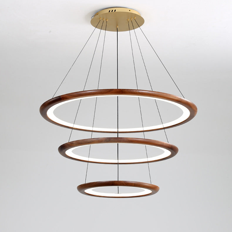 Zeitgenössische Retro-Walnuss-Acryl-Kreise Einstellbare LED-Kronleuchter für das Wohnzimmer 