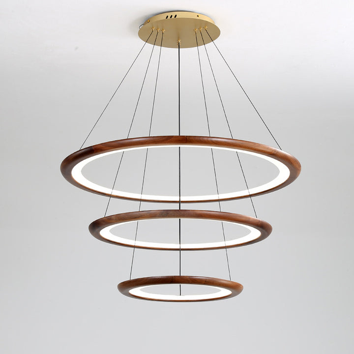 Zeitgenössische Retro-Walnuss-Acryl-Kreise Einstellbare LED-Kronleuchter für das Wohnzimmer 