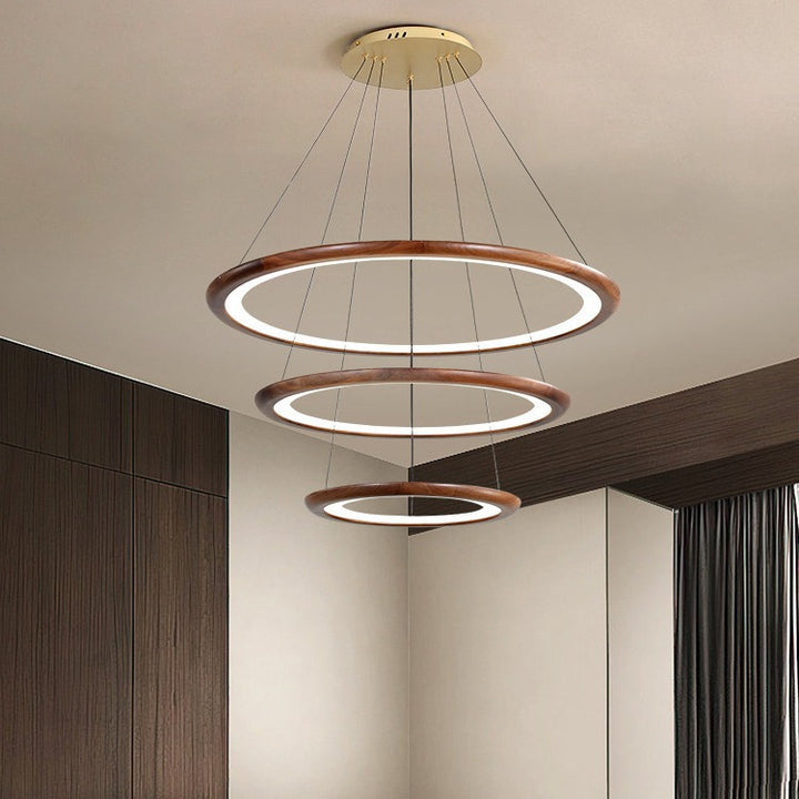 Zeitgenössische Retro-Walnuss-Acryl-Kreise Einstellbare LED-Kronleuchter für das Wohnzimmer 