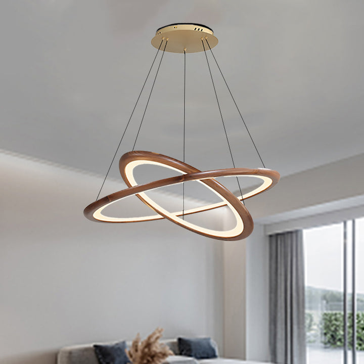 Zeitgenössische Retro-Walnuss-Acryl-Kreise Einstellbare LED-Kronleuchter für das Wohnzimmer 