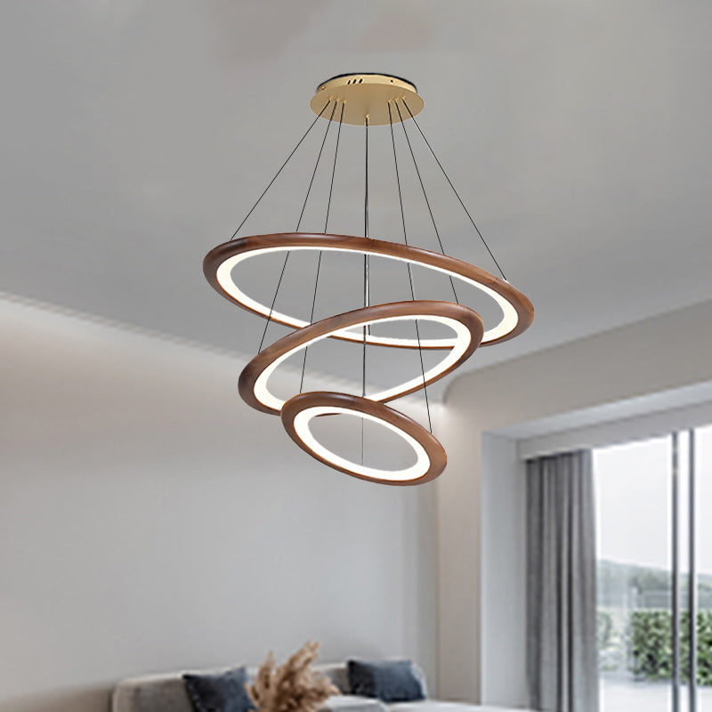 Zeitgenössische Retro-Walnuss-Acryl-Kreise Einstellbare LED-Kronleuchter für das Wohnzimmer 