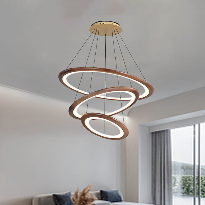 Zeitgenössische Retro-Walnuss-Acryl-Kreise Einstellbare LED-Kronleuchter für das Wohnzimmer 