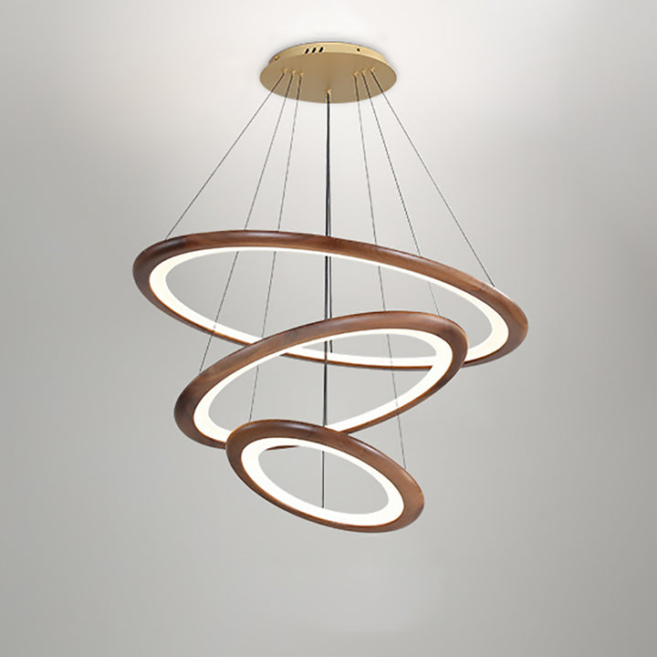 Zeitgenössische Retro-Walnuss-Acryl-Kreise Einstellbare LED-Kronleuchter für das Wohnzimmer 