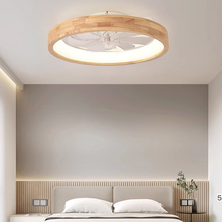 Traditional Japanese Solid Wood Iron Acrylic ABS Round Hollowed LED Flush Mount Ceiling Fan Light For Bedroom