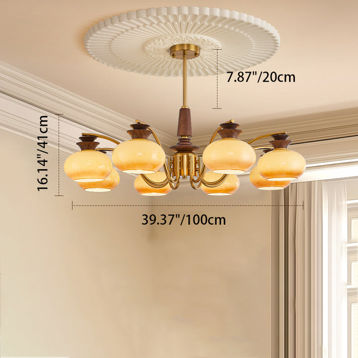 Traditional Vintage Oak Iron Glass Persimmon Round 6/8 Light Chandeliers For Living Room