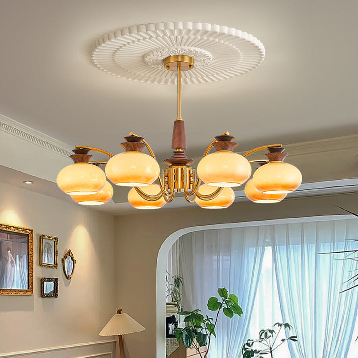 Traditional Vintage Oak Iron Glass Persimmon Round 6/8 Light Chandeliers For Living Room