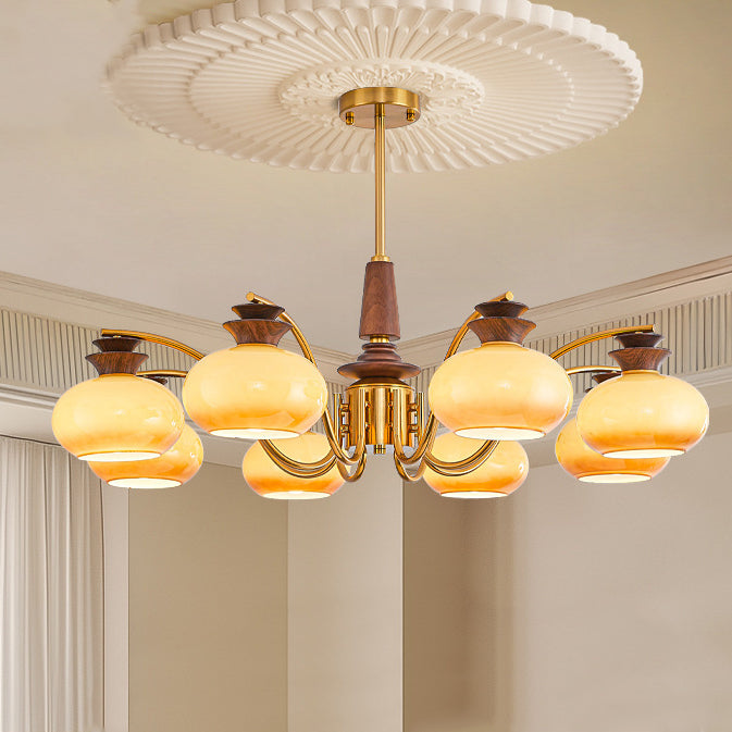 Traditional Vintage Oak Iron Glass Persimmon Round 6/8 Light Chandeliers For Living Room