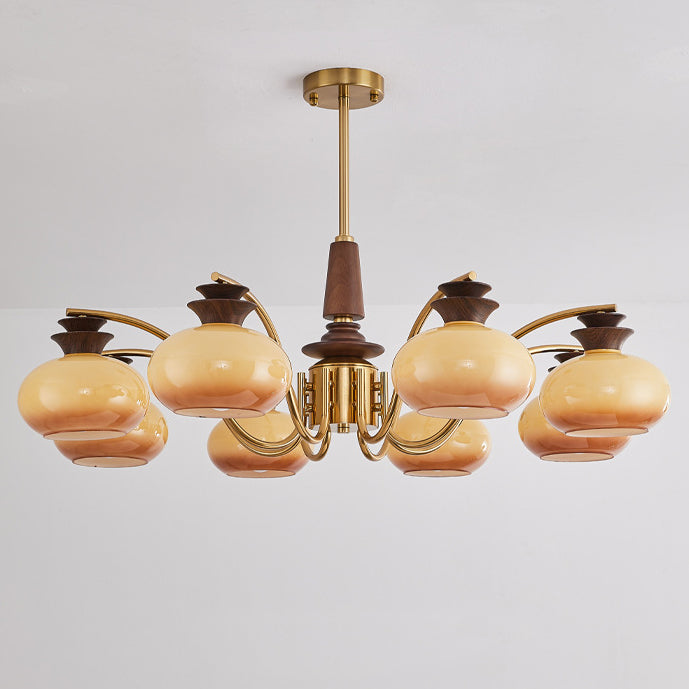 Traditional Vintage Oak Iron Glass Persimmon Round 6/8 Light Chandeliers For Living Room