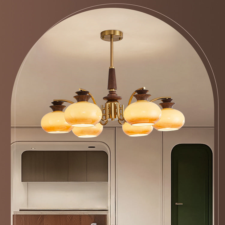 Traditional Vintage Oak Iron Glass Persimmon Round 6/8 Light Chandeliers For Living Room