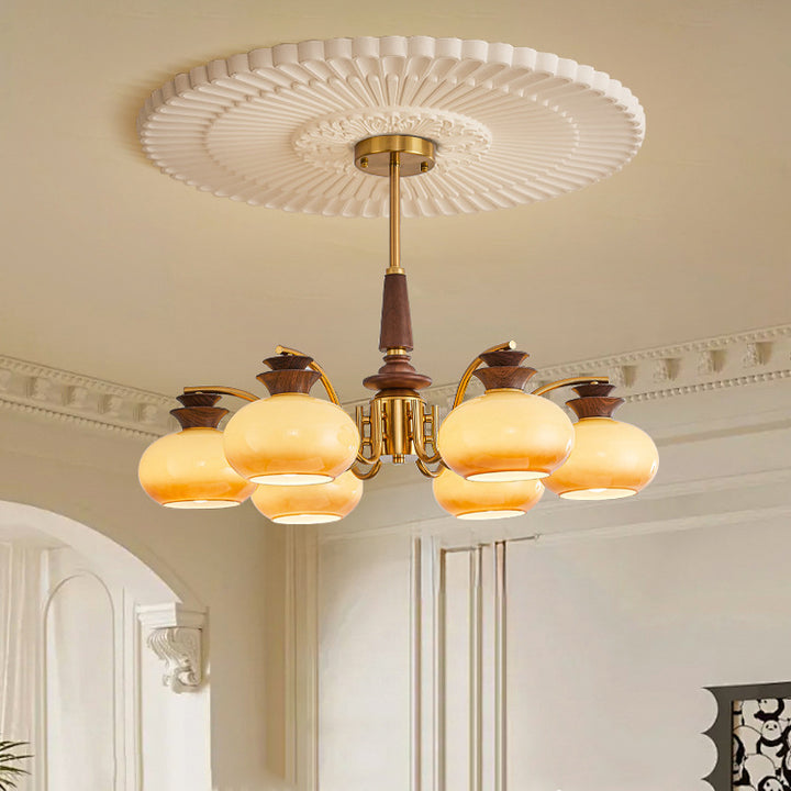 Traditional Vintage Oak Iron Glass Persimmon Round 6/8 Light Chandeliers For Living Room