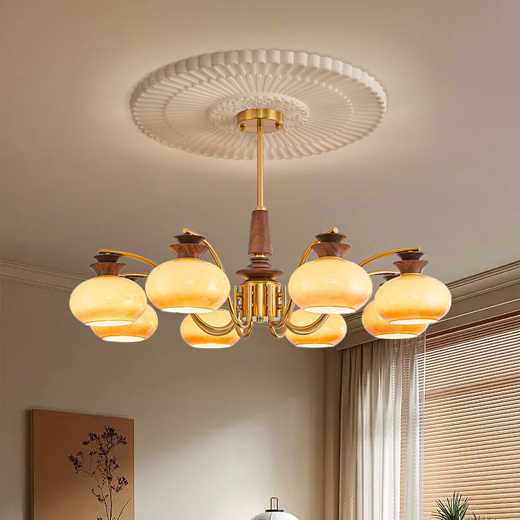 Traditional Vintage Oak Iron Glass Persimmon Round 6/8 Light Chandeliers For Living Room