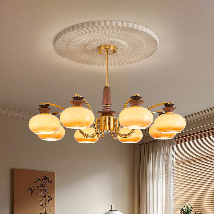 Traditional Vintage Oak Iron Glass Persimmon Round 6/8 Light Chandeliers For Living Room