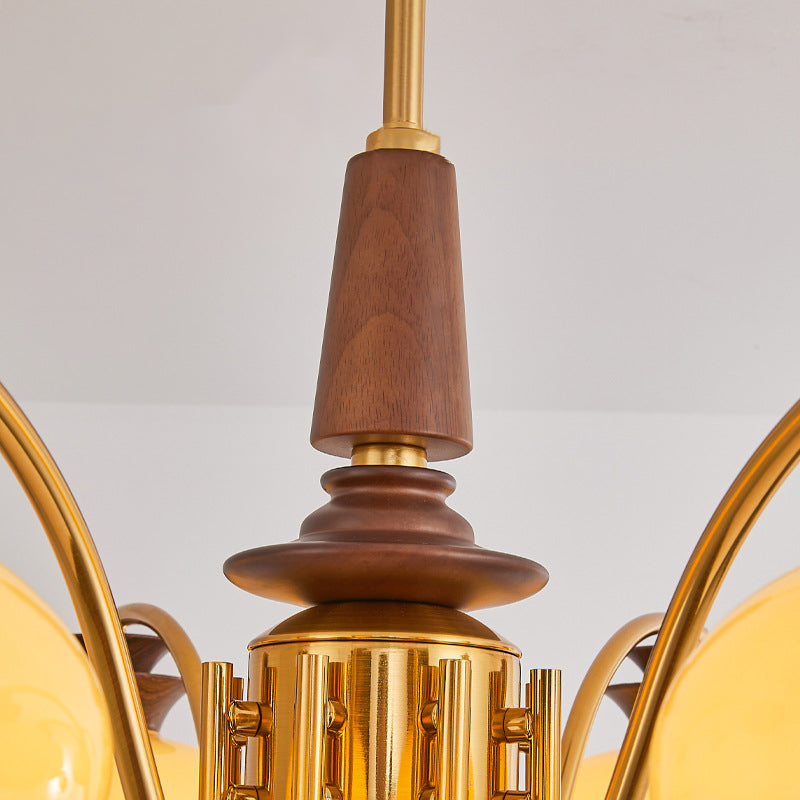 Traditional Vintage Oak Iron Glass Persimmon Round 6/8 Light Chandeliers For Living Room