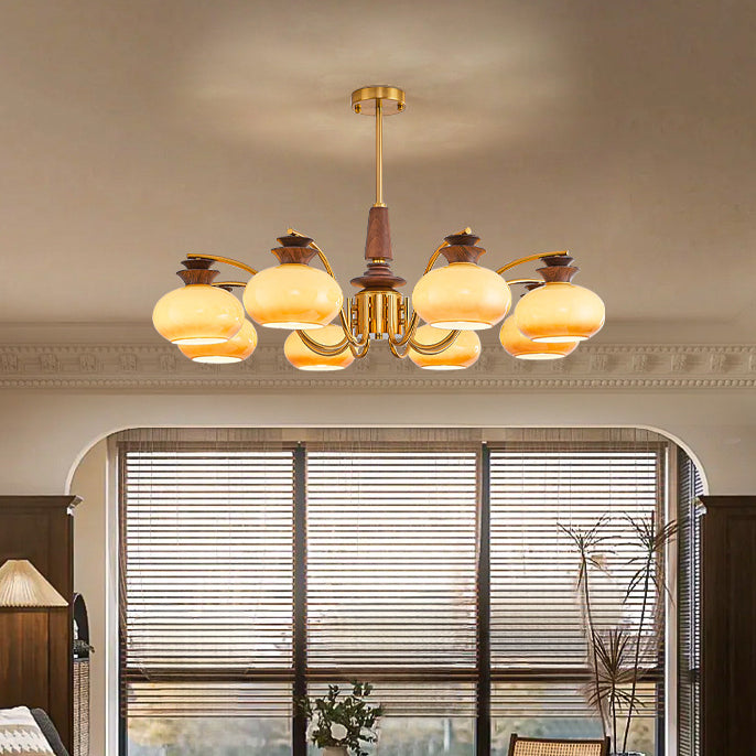 Traditional Vintage Oak Iron Glass Persimmon Round 6/8 Light Chandeliers For Living Room