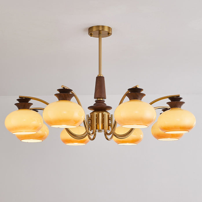 Traditional Vintage Oak Iron Glass Persimmon Round 6/8 Light Chandeliers For Living Room