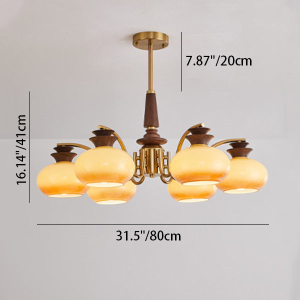 Traditional Vintage Oak Iron Glass Persimmon Round 6/8 Light Chandeliers For Living Room