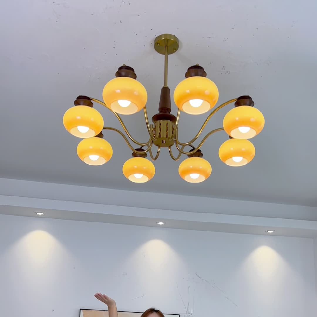 Traditional Vintage Oak Iron Glass Persimmon Round 6/8 Light Chandeliers For Living Room