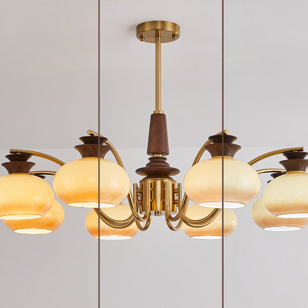 Traditional Vintage Oak Iron Glass Persimmon Round 6/8 Light Chandeliers For Living Room