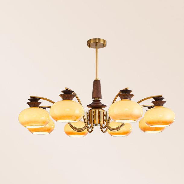 Traditional Vintage Oak Iron Glass Persimmon Round 6/8 Light Chandeliers For Living Room
