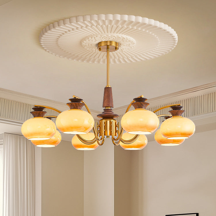 Traditional Vintage Oak Iron Glass Persimmon Round 6/8 Light Chandeliers For Living Room