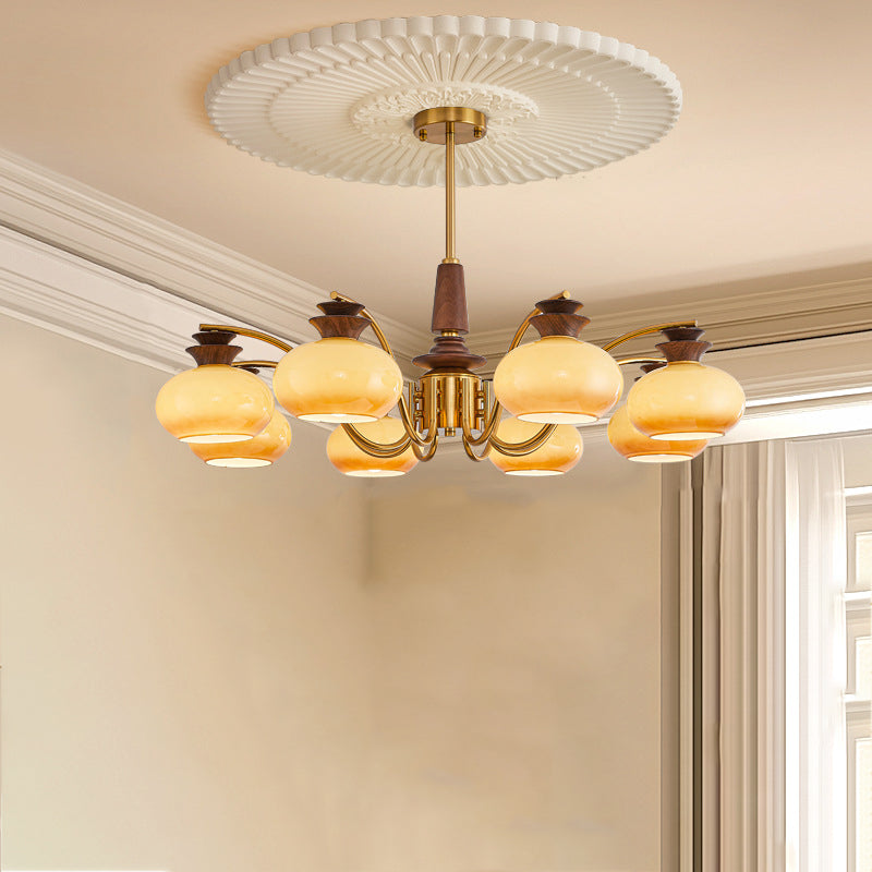 Traditional Vintage Oak Iron Glass Persimmon Round 6/8 Light Chandeliers For Living Room