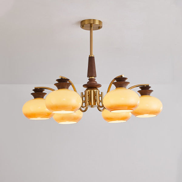 Traditional Vintage Oak Iron Glass Persimmon Round 6/8 Light Chandeliers For Living Room