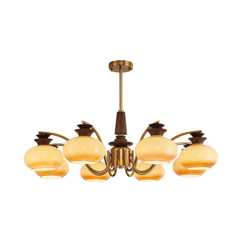 Traditional Vintage Oak Iron Glass Persimmon Round 6/8 Light Chandeliers For Living Room