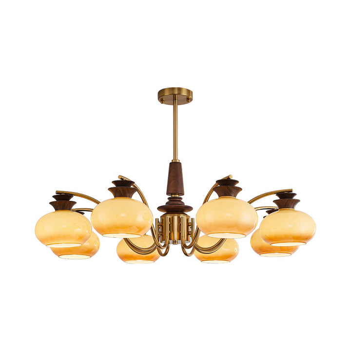 Traditional Vintage Oak Iron Glass Persimmon Round 6/8 Light Chandeliers For Living Room
