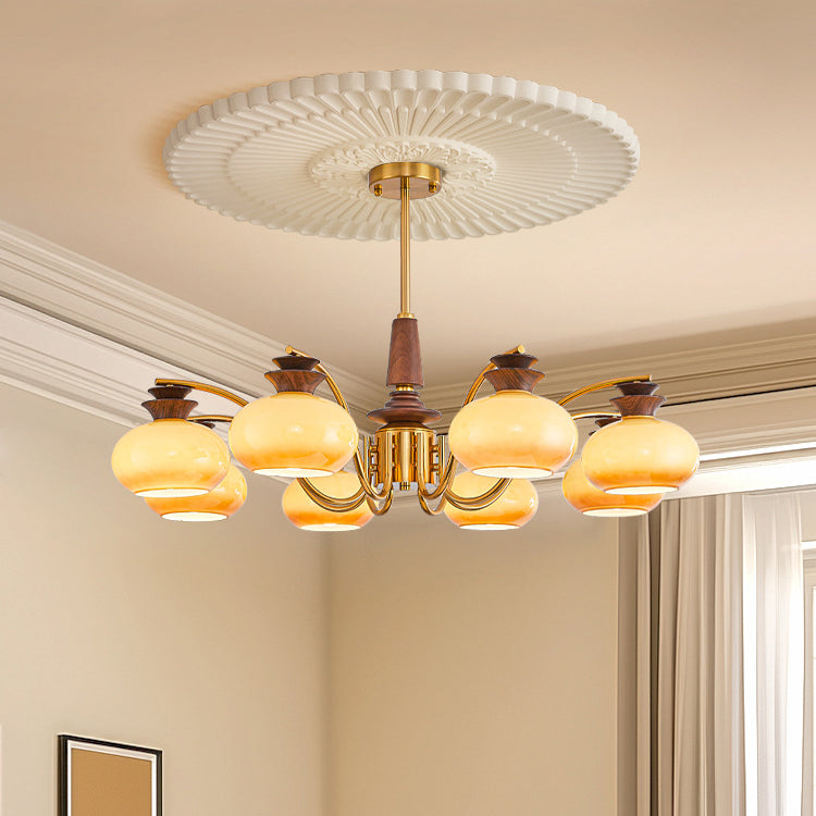 Traditional Vintage Oak Iron Glass Persimmon Round 6/8 Light Chandeliers For Living Room
