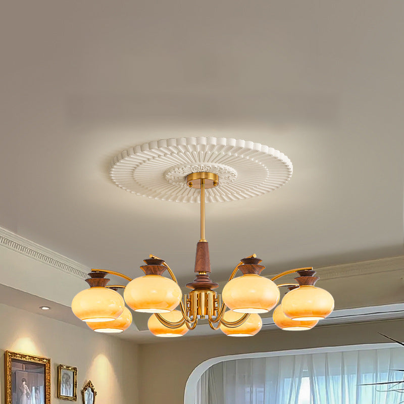 Traditional Vintage Oak Iron Glass Persimmon Round 6/8 Light Chandeliers For Living Room