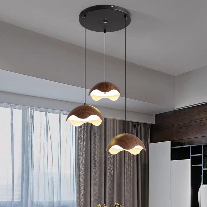 Contemporary Creative Iron Walnut Acrylic Eggshell Wave Dome LED Pendant Light For Dining Room