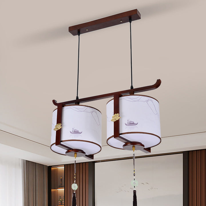 Traditionelle chinesische Kronleuchter aus massivem Holz mit Stoffzylinder und gebürstetem Druck 1/2/3 Lichter für das Esszimmer 