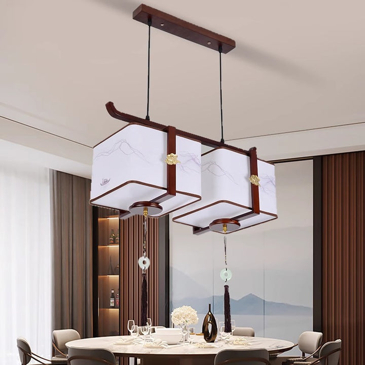 Traditionelle chinesische Massivholzstoff quadratische gebürstete Druck 1/2/3 Licht Kronleuchter für Esszimmer 
