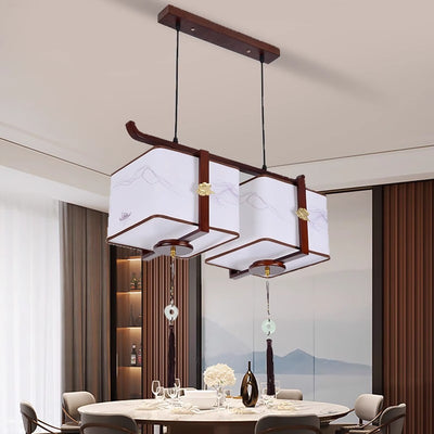 Traditionelle chinesische Massivholzstoff quadratische gebürstete Druck 1/2/3 Licht Kronleuchter für Esszimmer 