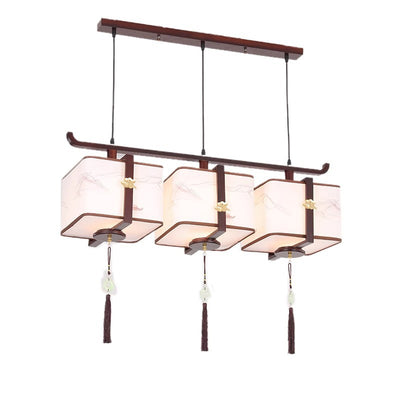 Traditionelle chinesische Massivholzstoff quadratische gebürstete Druck 1/2/3 Licht Kronleuchter für Esszimmer 