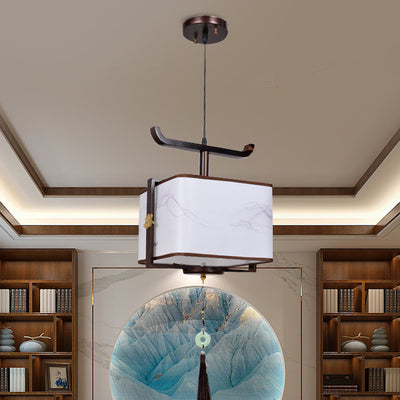 Traditionelle chinesische Massivholzstoff quadratische gebürstete Druck 1/2/3 Licht Kronleuchter für Esszimmer 